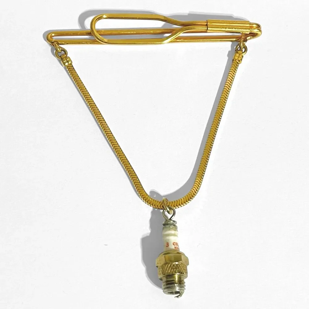 Vintage Forstner Sparkplug Tie Bar Clip Chain 1/20 12KT Gold Filled Unique USA
